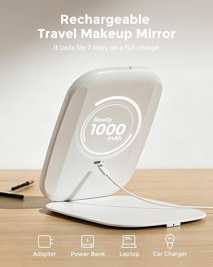 NEZZOE Rechargeable Travel Makeup Mirror with LED Light, 7x5 Inch | Portable Lighted Makeup Mirror, 3 Lighting Modes, Dimmable Touch Control, Foldable Compact Vanity Mirror