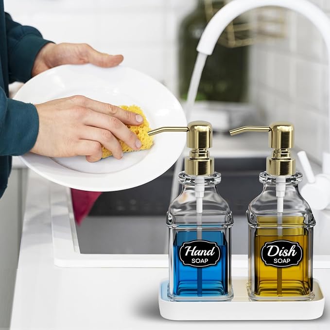 Soap Dispenser - 2 Pack, Antique Design Thick Glass Hand Soap Dispensers with Sturdy Tray; 304 Rust Proof Stainless Steel Pump, 12Pcs Stickers, for Kitchen, Bathroom
