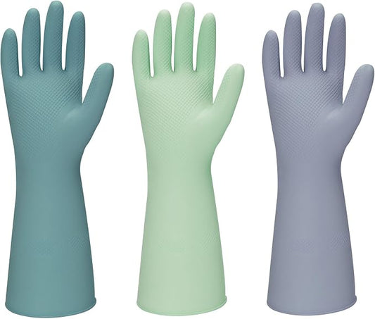 Rubber Kitchen Dishwashing Gloves - 3 Pairs Colorful Reusable Household Cleaning Gloves For Washing Dishes And Cleaning Tasks，Flexible And Durable Waterproof (Medium, Dark Green+Green+Gray)