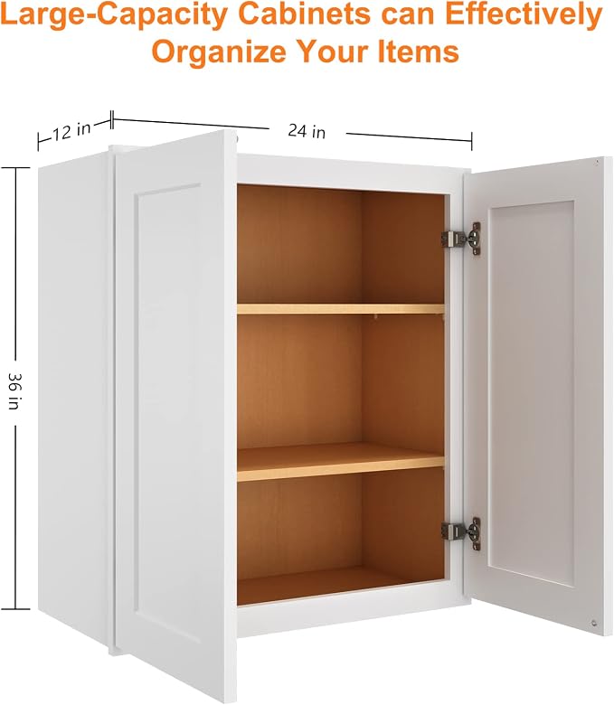 ROOMTEC Wood Wall-Mounted Cabinet,Bathroom Medicine Cabinet with Adjustable Shelves and 2 Soft-Close Doors,Laundry Storage Cabinet for Bathroom,Kitchen,Living Room 12" D*24" W*36" H,Shaker White