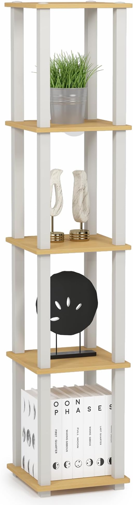 FURINNO Turn-S-Tube 5-Tier Corner Square Rack Display Shelf, Beech/White | Open Frame, Corner Shelf, Free Standing Open Shelves, for Organization and Storage, Living Room, Garage, Home Office