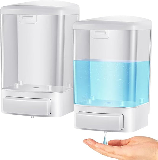 Hushee 2 Pcs Commercial Soap Dispenser Hand Wall Mounted Bathroom 33.8oz/1000ml Manual Soap Dispenser Liquid Containers with Pump White Shower Plastic Wash Wall Container Shampoo Gel for Kitchen Hotel
