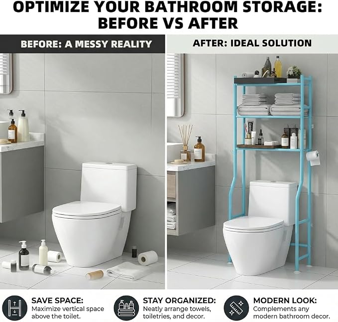 GloTika 3-Tier Over Toilet Storage, Anti-Tilt, 64" H, Blue | Anti-Tilt Safety System, 150lb Capacity, Carbon Steel, Freestanding, No Drilling, Anti-Rust Coating, Paper Holder & 4 Hooks