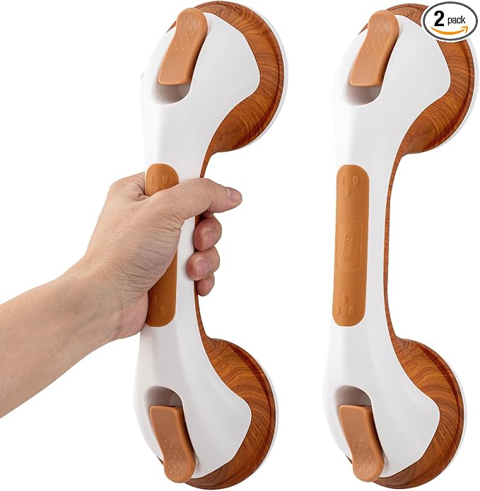 TAILI Suction Shower Grab Bar,Shower Handles,2 Pack 12.2" Wood Grain | Bathroom Grip Bar Heavy Duty Handrails,No Drilling Removable Waterproof,Safety for Bathtubs,Toilet,Elderly&Seniors,G9