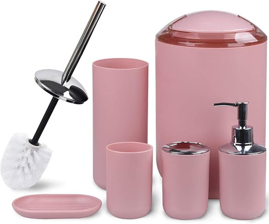 CERBIOR Bathroom Accessories Set 6 Piece Bath Ensemble, Blush Pink | Includes Soap Dispenser, Toothbrush Holder, Toothbrush Cup, Soap Dish for Decorative Countertop and Housewarming G