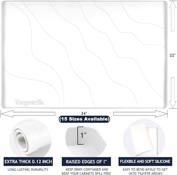 Heavy Duty Silicone Under Sink Mats for Kitchen Waterproof 40" x 22", Extra Thick Under Sink Rubber Mat Drip Tray, Raised Edge Under Sink Liner,Prevent Drips, Leaks, Spills,White