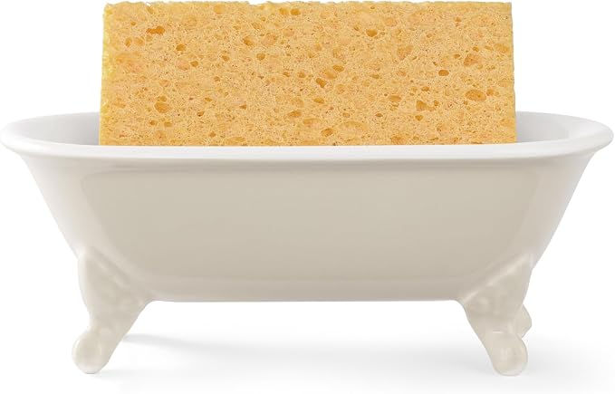 6.5" Ceramic Mini Clawfoot Bathtub Soap Dish, Beige | Decorative, Kitchen Sponge Holder, Shower Tray, 1 Pack