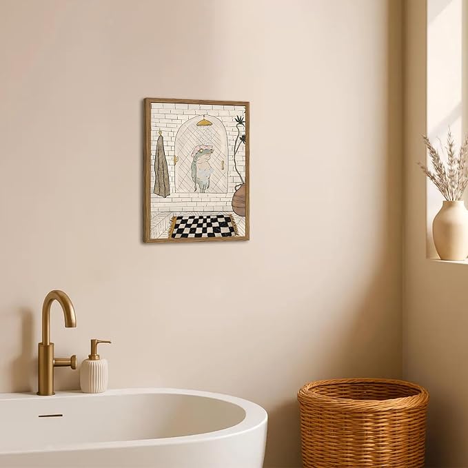 Cute Frog Bathroom Wall Art Funny Frog Shower Wall Decor Picture Quirky Animal Restroom Poster Canvas Painting Print 12x16 inch Wood Framed