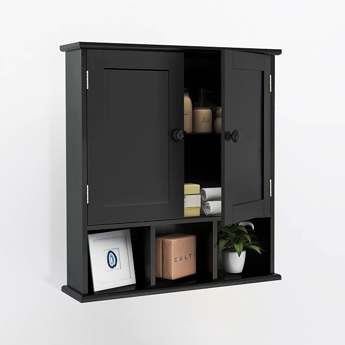 TaoHFE Black Medicine Cabinet Bathroom Over the Toilet Storage Cabinet | Wall Medicine Cabinet Organizer with 2 Door Adjustable Shelves, Wooden Modern Bathroom Shelves Wall Mounted Laundry Room
