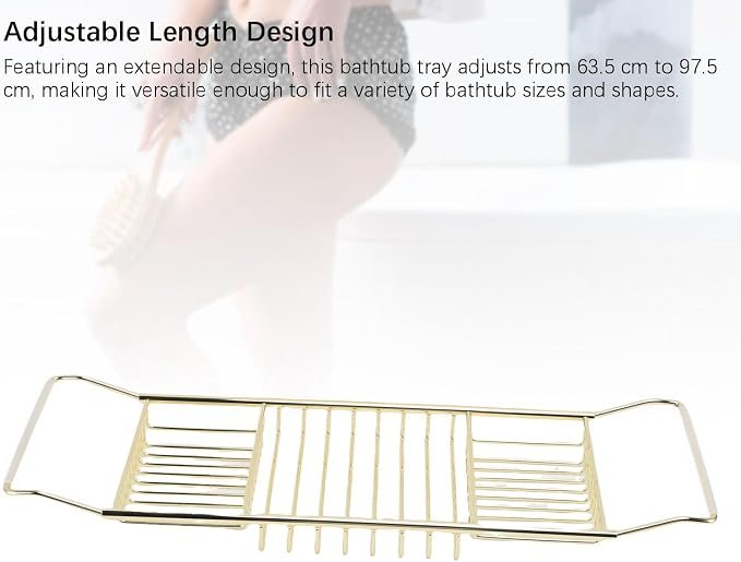 POCREATION Stainless Steel Expandable Bathtub Caddy, 25-38.4 in, 3 PCS | Adjustable length fits most tubs, gold finish tub tray for bathroom soaking shower