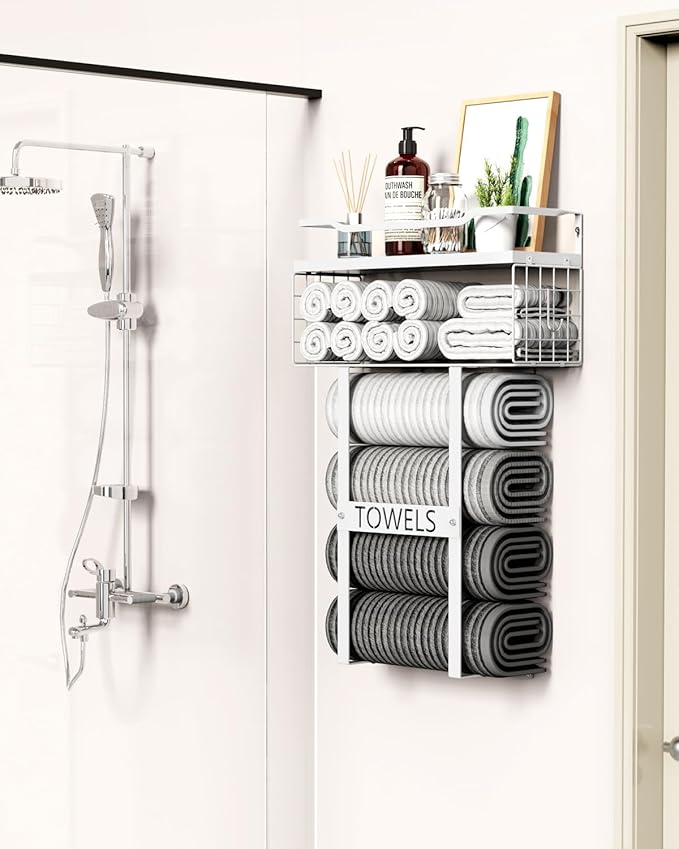 Towel Racks for Bathroom Wall Mounted - Bath Wall Towel Holder Set Above Toilet Storage, Rolled Towel Shelf Organizer for Small Bathroom All White, Wood Vertical Towel Rack for Bathroom Wall Decor | Towel Storage with Wood Shelf & Metal Basket,Fit for ...