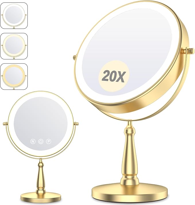 Vanity Mirror with Lights, 9'' Lighted Makeup Mirror, 1X/20X Double Sided Magnifying Mirror, 5000mAh Rechargeable, 3 Color Dimmable LED, 360° Rotation Desk Mirror for Makeup & Skincare, Gold