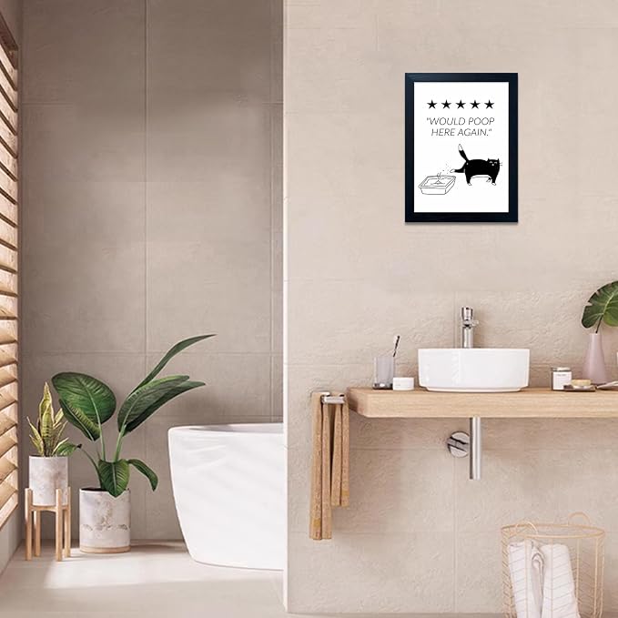 Framed Black and White Cat Bathroom Wall Art Would Poop Here Again Bathroom Sign Funny Bathroom Wall Decor Minimalist Cute Cat Canvas Print Painting Artworks for Home