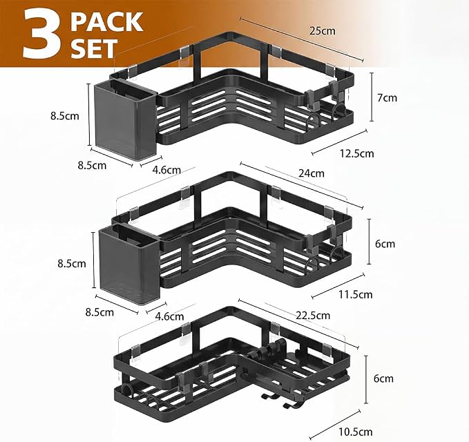Corner Shower Caddy, 3 Pack Adhesive Shower Organizer Shelves | Rustproof Corner Shower Shelf with Hooks and Toothpaste Holder, No-Drill Adhesive Storage Rack for Bathroom and Kitchen