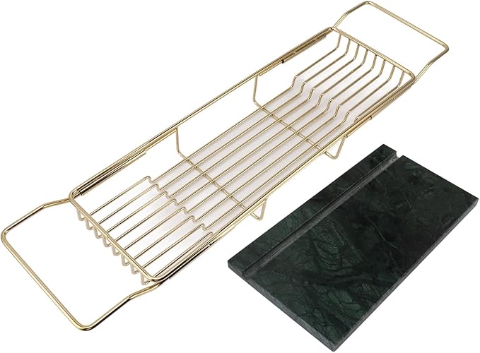 Marhynchus Metal Marble Bathtub Rack, Bathtub Caddy Tray Stainless Steel Shower Caddy Tray with Extending Sides, Bathroom Trays (Gold Green)