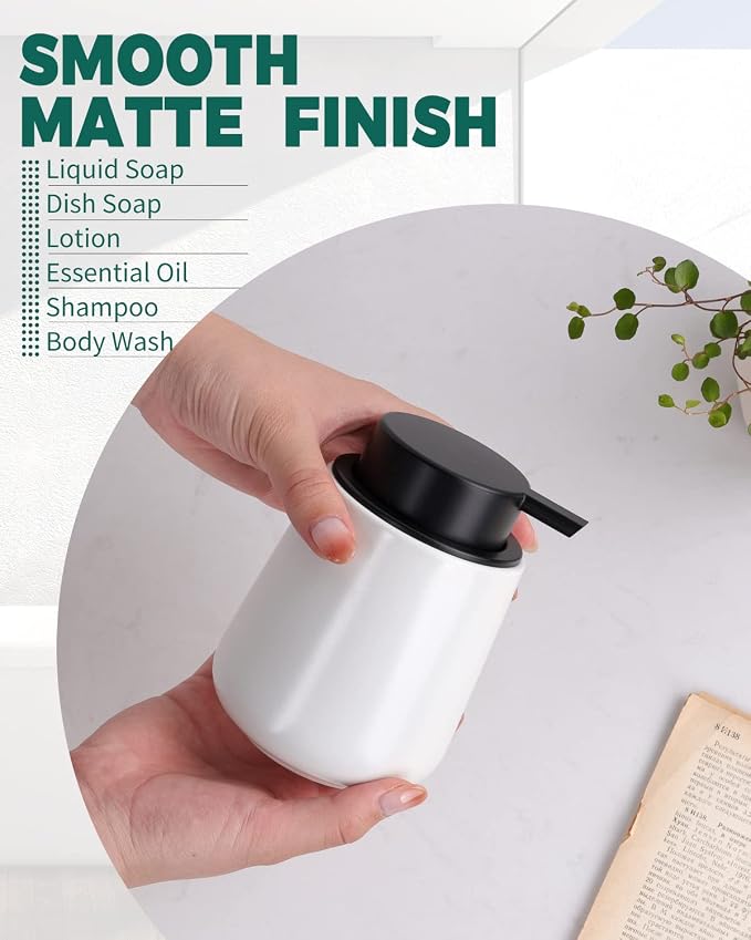 BosilunLife Ceramic Soap Dispenser - Dish Soap Dispenser for Bathroom 12Oz | Refillable Liquid Hand Wash Dispenser for Essential Oil, Lotion Soap, Matte White