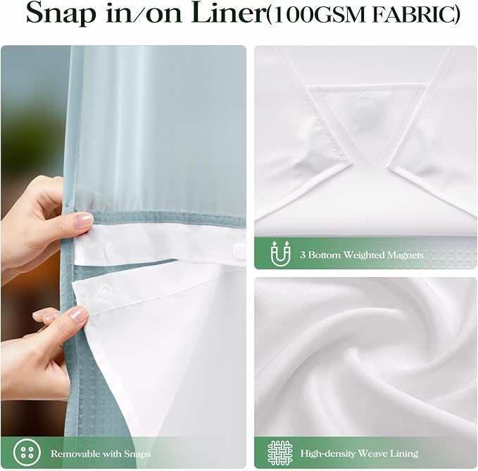 Fog Blue Hook Free Waffle Shower Curtain & Snap-in Liner,72x75 | Less Time to install, 3 in 1 Fabric Shower Curtain and Liner Set with Magnets, Mesh Top Window, Shower Curtains for Bathroom