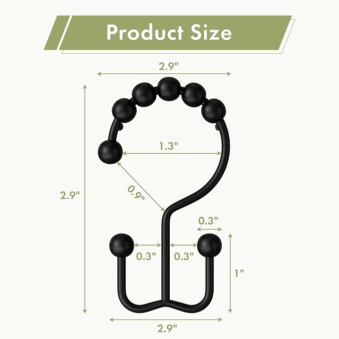 Shower Curtain Rings, Rust-Resistant Metal Double Shower Hooks for Curtain Rolling Shower Curtain Hooks Rings Shower Rings for Bathroom Shower Curtain Rod, Matte Black, Set of 12 Rings