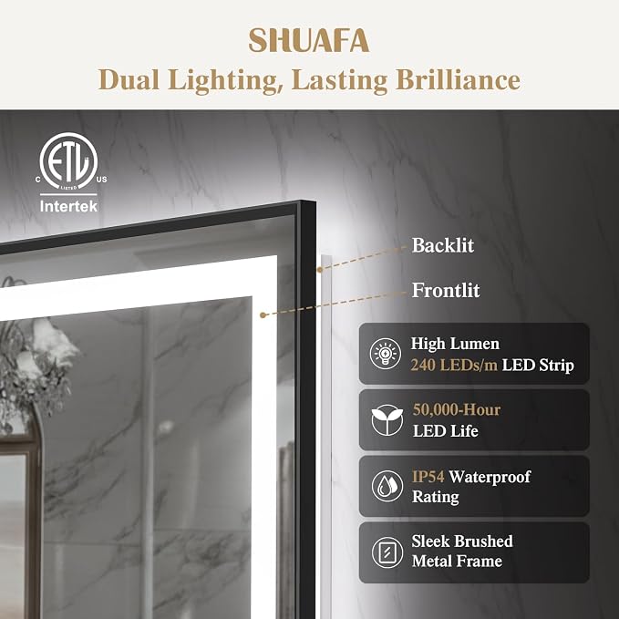 72X36 Inch LED Bathroom Mirror with Lights, Black Frame Frontlit+ Backlit Bathroom Vanity Mirror for Wall, Ultra-Clear Tempered Glass, Shatter-Proof, Anti-Fog and Memory Function, ETL Listed | Bathroom Vanity Mirror for Wall, Ultra-Clear Tempered Glass...