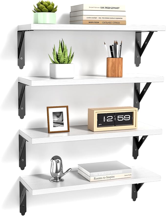 ROMGUAR CRAFT Wood Floating Shelves Set of 4, Rustic Storage Decor Wall Shelves, Wall Mounted Shelf for Living Room, Bedroom 17" x 6", White
