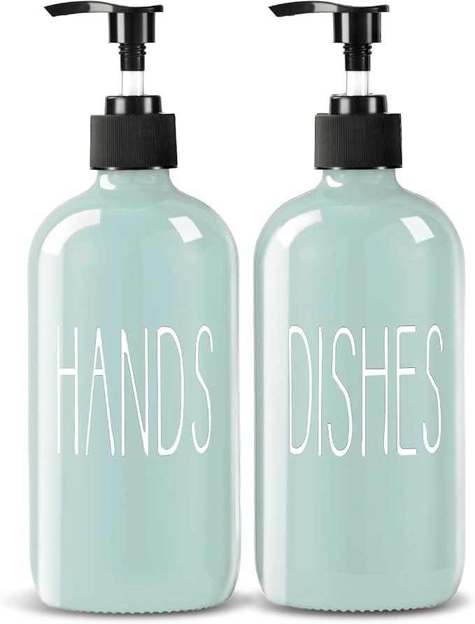 COHOSEGE Glass Soap Dispenser Set 2 Pack,16 Oz Dish Soap Dispenser for Kitchen Sink,Green Kitchen Accessories and Kitchen Decor,Green Decorations and Kitchen Utensils for Kitchen