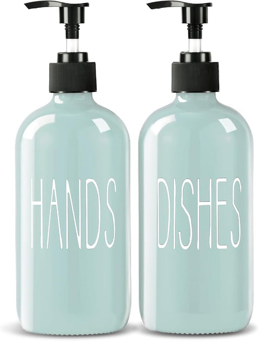 COHOSEGE Glass Soap Dispenser Set 2 Pack,16 Oz Dish Soap Dispenser for Kitchen Sink,Green Kitchen Accessories and Kitchen Decor,Green Decorations and Kitchen Utensils for Kitchen