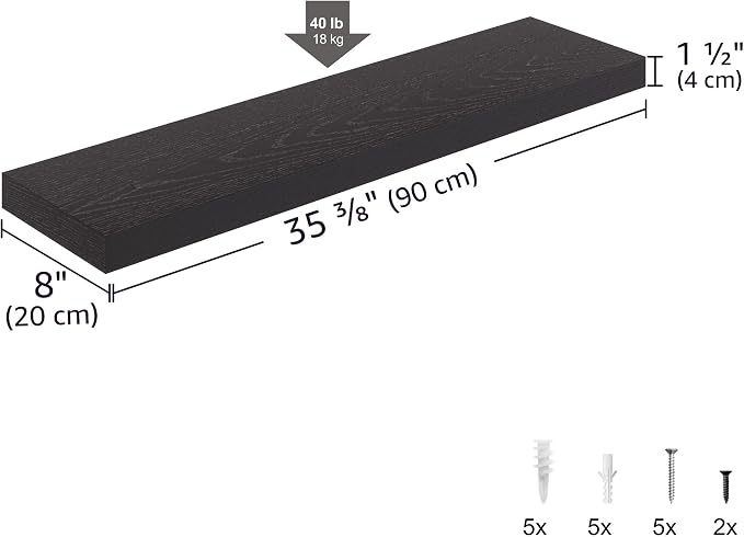 Ballucci Floating Shelf, 36" Wood Wall Shelf with Invisible Brackets for Bathroom, Living Room, Bedroom, Kitchen, Nursery, 8" Deep, Black