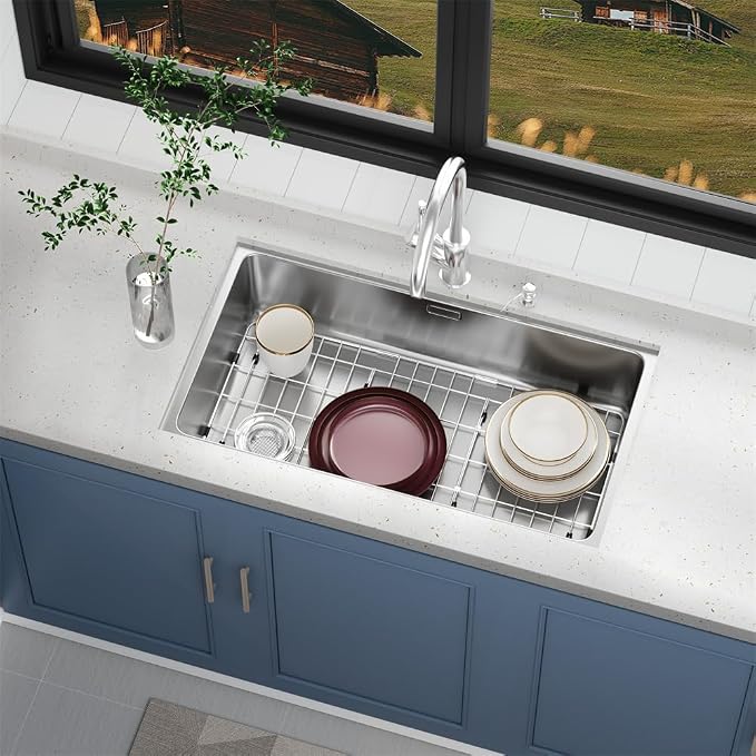 SANNO Sink Protectors and Bottom Grid for Kitchen,Sink Grate Rack Side Drain Hole,Stainless Steel, 28-1/4"L x 14-1/4"W