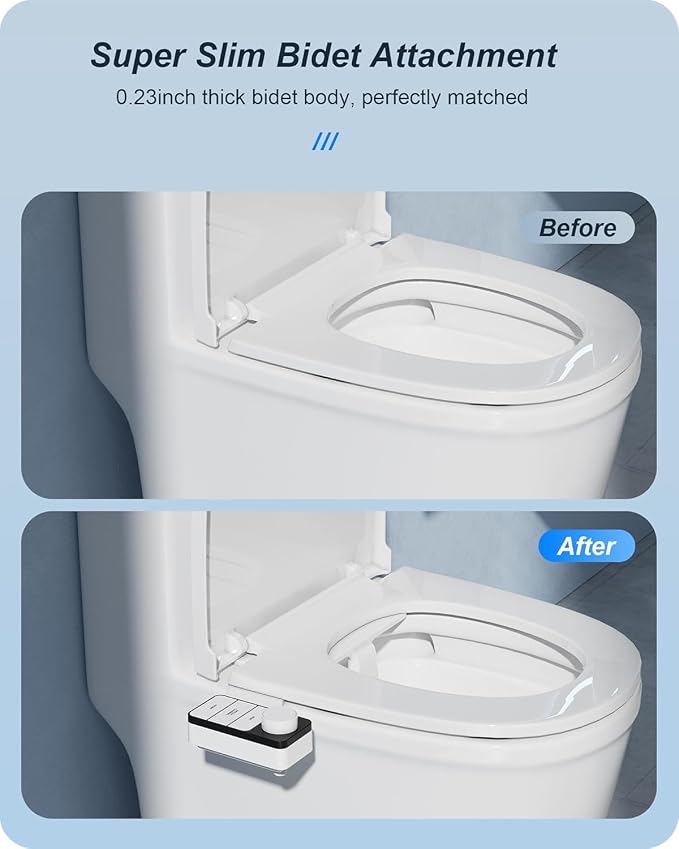 Ultra-Slim Bidet Attachment for Toilet Dual Nozzles Feminine & Rear Wash Bidet Toilet Seat Attachment Non Electric Self Cleaning Adjustable Water Pressure, Rear Wash (KB002)