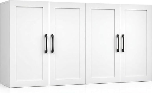 Wall Cabinet with Adjustable Shelves, Laundry Room Cabinet with 4 Doors, Kitchen Storage Cupboard Cabinet, Wall Mount Medicine Cabinet for Bathroom, Living Room, White