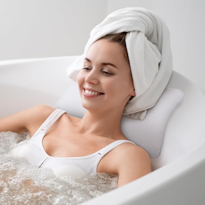HEALLILY Huafuge Bath Pillow for Tub with PVC Air Bags, Anti-Slip Suction Cups, Breathable Mesh Cover, Head and Neck Support, White, 13.58 X 7.87 Inches