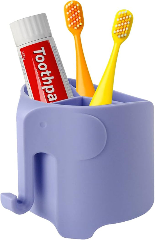 Elephant Toothbrush Holder for Kids, Suction Cup Electric Toothbrush and Toothpaste Holder for Toddler, Cute Toddler Toothbrush Holder with 3 Slots and a Hook for Hanging Bath Ball, Purple