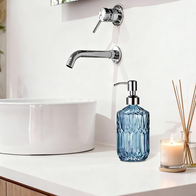 COHOSEGE 17 Oz Blue Glass Kitchen Soap Dispenser for Dish Soap, 2 Pack Bathroom Soap Dispenser Set with Silvery Rust Proof Pump for Lotion, Hand soap or Body Wash