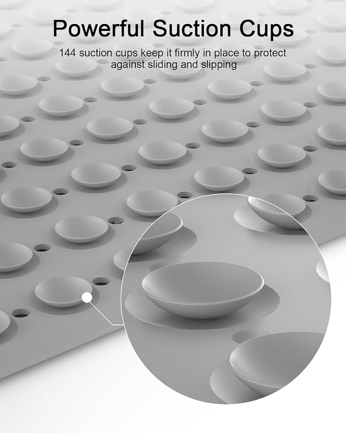 Bath Mat for Tub Shower Mat Non Slip Kids Rubber Shower Tub Mat, 100% Natural Rubber no Plastic Odors Perfect for Baby and Elder, Strong Suction Cups, Textured Mat Surface, 28 X 16 inches, Grey