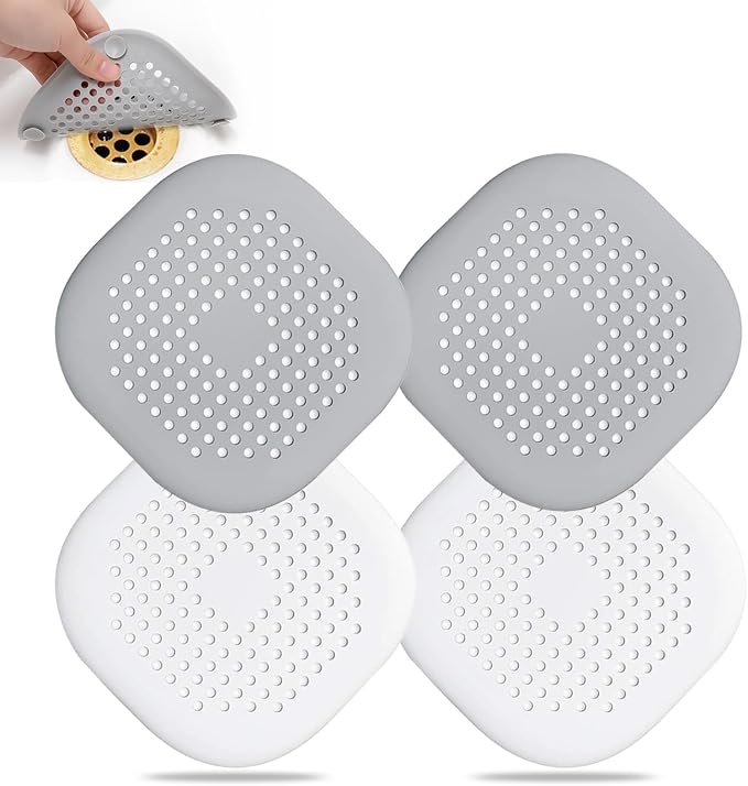 Bovinde Hair Drain Catcher Square for Shower 4PCS (Grey Aluminium White) | Drainer Cover Silicone Hair Stopper with Suction Cups,Protector Accessories,Easy to Install Suit for Bathroom,Bathtub,Sink