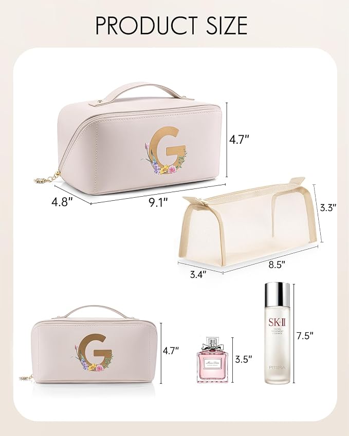 VLANDO Makeup Travel Bag with Separate Brush Pouch,Letter G,Off White | PU Leather Personalized Toiletry Bag,Open Flat Cosmetic Skincare Organizer,Gifts for Women,Bridesmaid,Teen