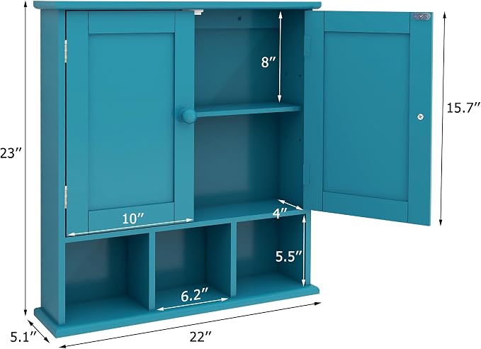 TaoHFE Turquoise Bathroom Cabinet,Bathroom Wall Cabinet with 2 Door | Adjustable Shelves,Over The Toilet Storage Cabinet,blue Bathrooms Cabinet Wall Mounted,Medicine Cabinets for Laundry