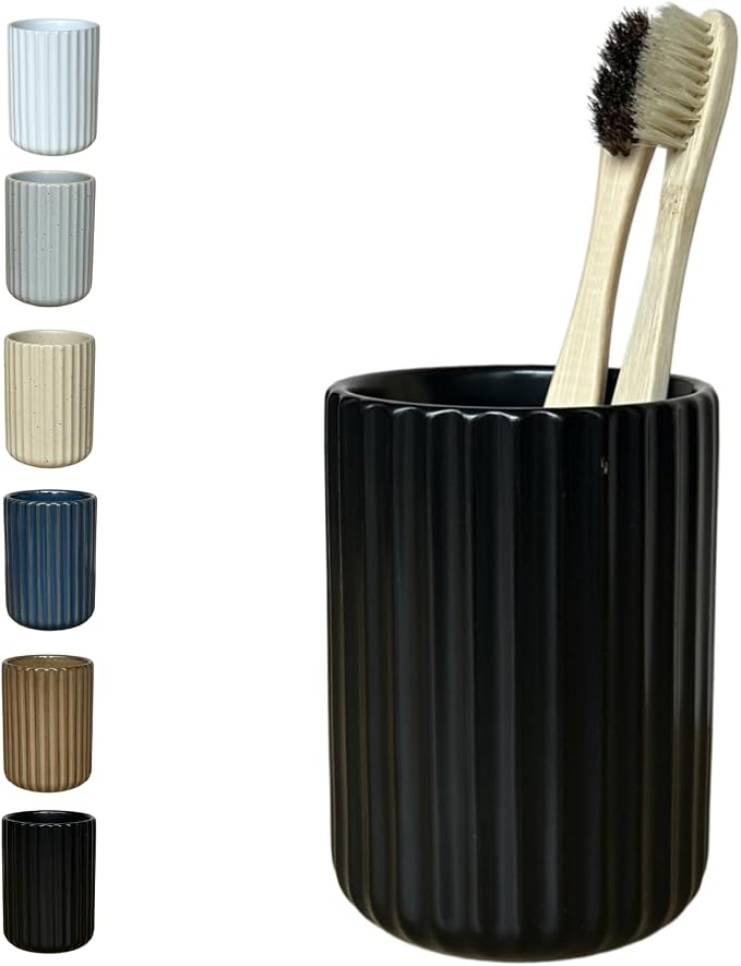 Stoneware Toothbrush Holder for Bathroom Tooth Brush Holder for Bathroom Toothbrush Cup Toothbrush Holders Cute Fluted Vertical Ribbed Stripe (Matte Black)