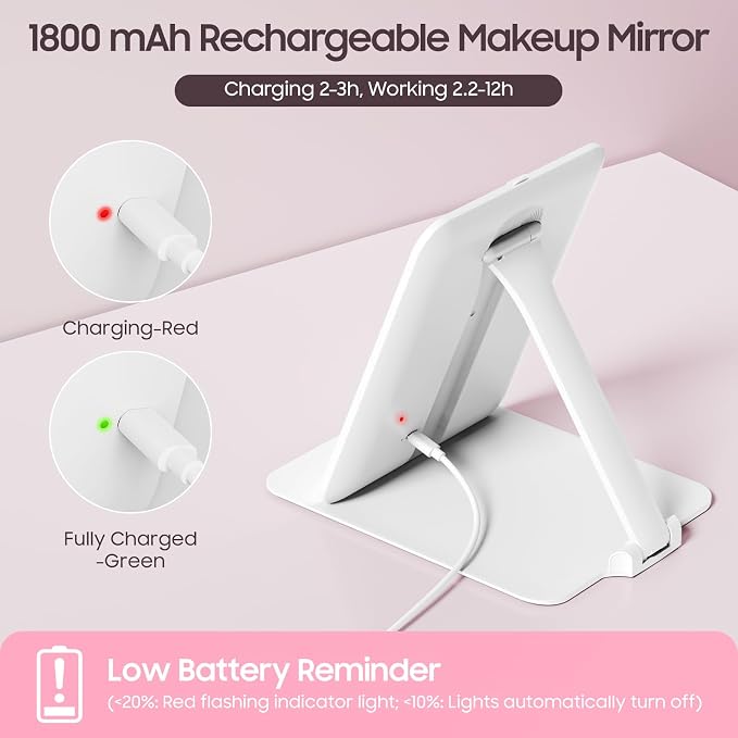 Foldable Travel Makeup Mirror with Lights & 20X Magnifying, White | Rechargeable LED Vanity Mirror, Height & Angle Adjustable, 3-Colors Lighting, Smart Auto Sensor, Portable Tabletop Mirror