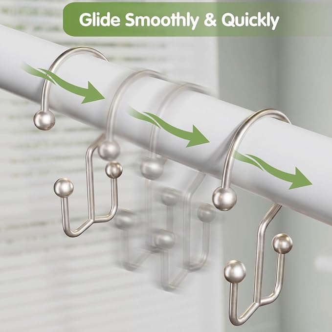OEH 24 Pcs Shower Curtain Hooks, Metal Shower Curtain Rings, Decorative Shower Curtain Hooks Rust Proof, Double Shower Rings for Curtain, Easy Install Shower Hooks for Shower Curtain, Nickel