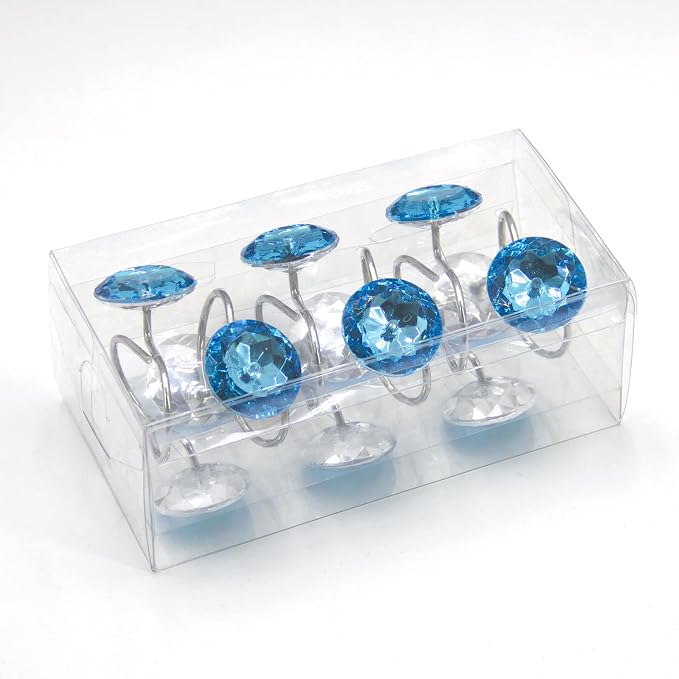 Crystal Diamond Round Shower Curtain Hooks Rings for Bathroom,Blue,12PCS | Acrylic Decorative Rhinestones Bling Shower Hooks Rings,for Bathroom Curtains Rod,Gem Metal Rust Proof Shower Hangers