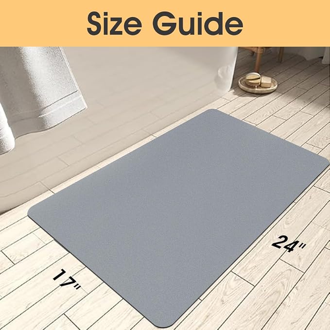 Non Slip Bath Mat, Thin Bathroom Rugs Fit Under Door, Quick Dry Bath Mats, Machine Washable Bath Rugs for Bathroom, Bathtub & Kitchen, Bathtub & Kitchen, Grey/Solid/24 x17