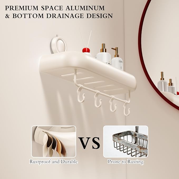 CICUFY Shower Caddy Suction Cup, 1 Pack No Drilling Corner Shower Shelves, Rust Proof Bathroom Storage Organizer, Shower Corner Caddy with Removable Hooks and Towel Bar, Square, Cream