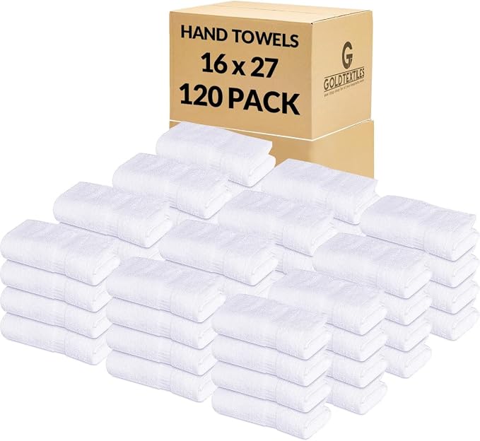 Premium Quality White Hand Towels (120 Pcs, 16 x 27 Inches) - Luxury Salon Towel- Multipurpose Use for Bath, Hand, Face, Gym and Spa - Thick & Highly Absorbent (16 x 27, White - 120 Pcs)