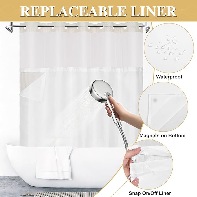 Yinhua No Hook Shower Curtain with Snap in Liner Set, 71" W×86" L, Beige | Hotel Style, See Through Top Window, Washable Waterproof, Tufted, Extra Long Hookless Curtain for Bathroom Bathtub