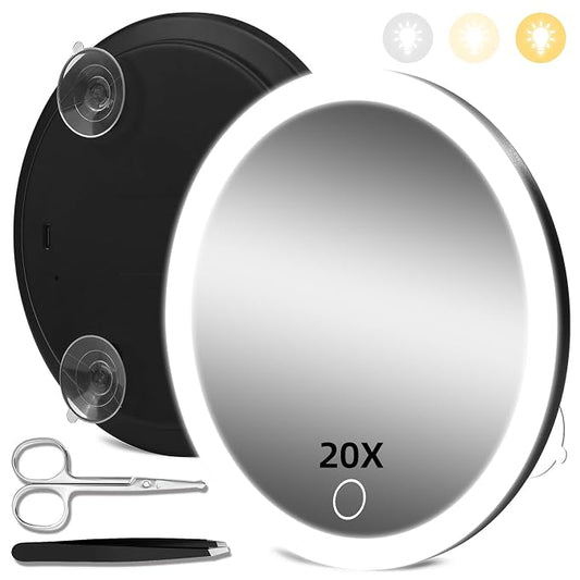 20X Magnifying Mirror with Lights, 20X Magnified Mirror with 3 Suction Cups | 6inch Travel Size, Rechargeable Magnification Mirror with 3 Color Lights Adjustable Brightness - Includes Tweezers & Scissors