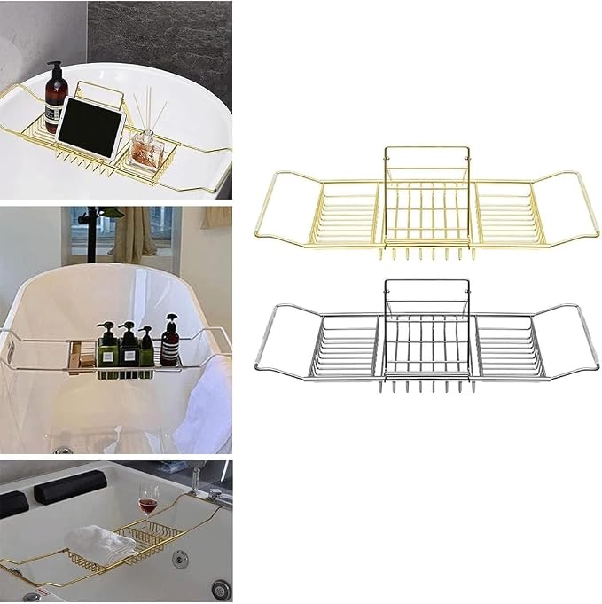 Bathtub Caddy Tray, Stainless Steel Extendable Bath Tub Tray Table in Brushed Gold Finish with Removable Book Holder Rack Holder, Expandable Bath Tub Shelf for Reading, for Home Bathroom