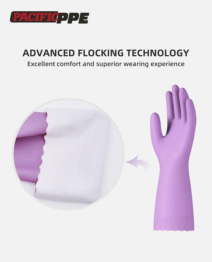 2 Pairs Dishwashing Gloves, Cotton Flocked Liner, Purple, Large | Waterproof dishwashing gloves with non-slip grip, Latex-Free, flexible fit for kitchen, bathroom, laundry & cleaning