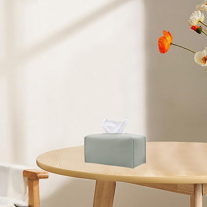 1PC Extra Large Rectangle Tissue Box Cover, PU Leather Rectangular Tissue Box Holder with Bottom Belt Plus Size Tissue Box Organizer for Bathroom/Car/Hotel/Office (9.5’’x5’’x5’’, Grey)