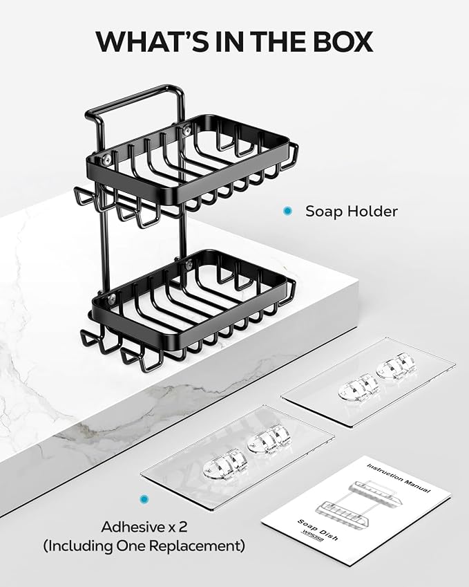 Nieifi Bar Soap Holder, Adhesive Soap Dish for Bathroom Shower Wall | Stainless steel, 2 tier, razor holders, 8 hooks, bathtub, kitchen sink, wall mounted, no drilling, counter, black